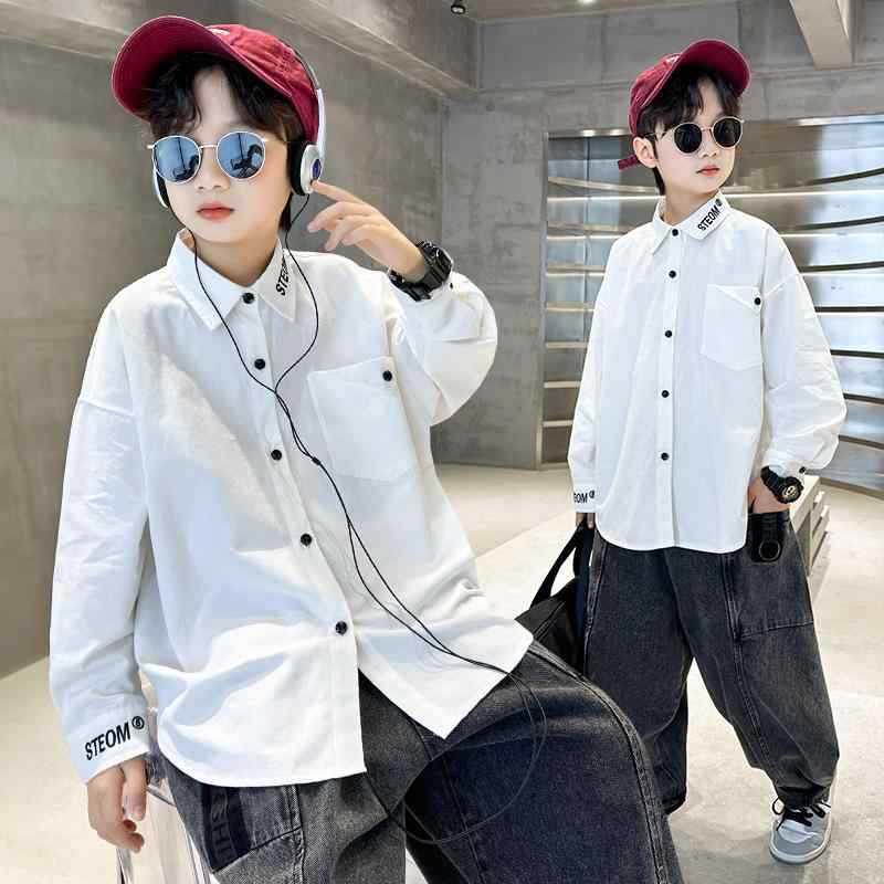 シャツ キッズ 男の子 長袖 襟付き ワーク カジュアル 綿 白 無地 春秋 ジュニア 韓国風 おしゃれ