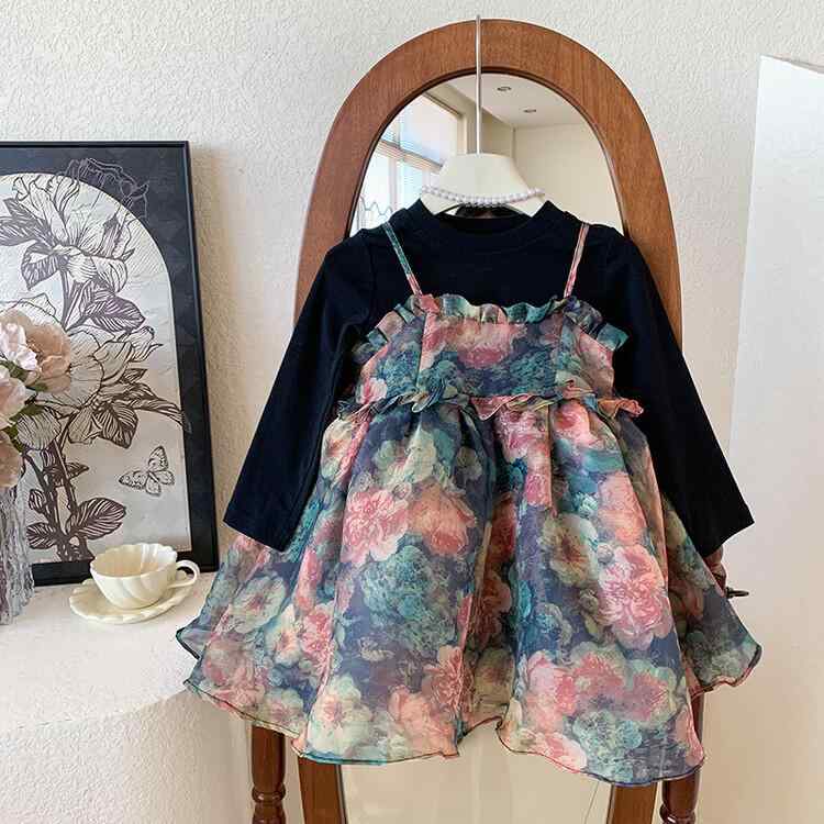 ワンピース セットアップ キッズ 女の子 秋 レトロ 小花柄 プリンセス 2点セット 韓国風 長袖 コットン 綿 ソフトタッチ かわいい おしゃれ トレンド 通園 お出かけ 普段着