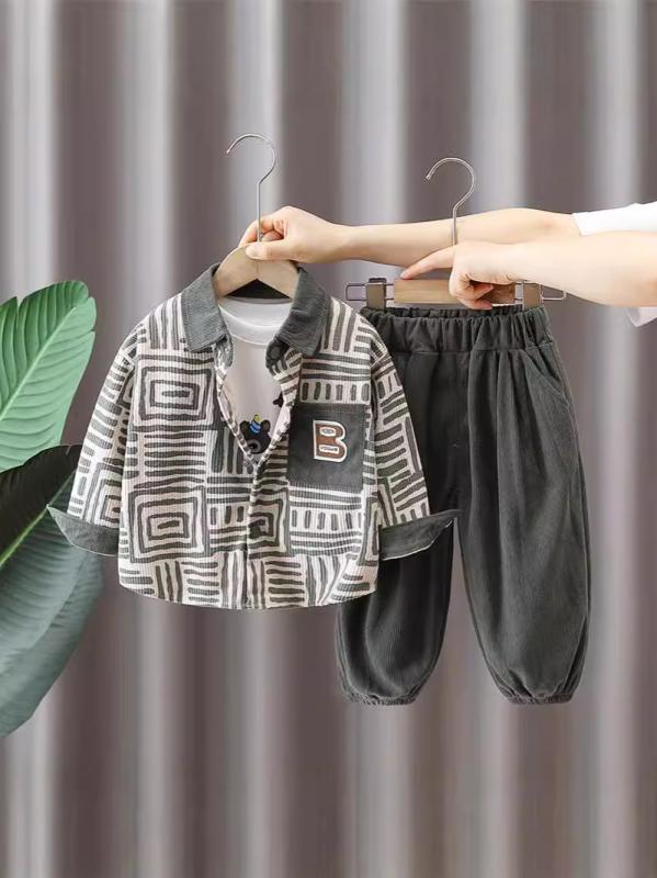キッズ 男の子 秋物 セットアップ コーデュロイ 3点セット 1-3歳 ベビー 幼児 綿 コットン 柔らか素材 長袖 フードなし プルオーバー ロングパンツ キャラクター ストライプ柄 韓国風 カジュアル 上下セット 普段着 お出かけ