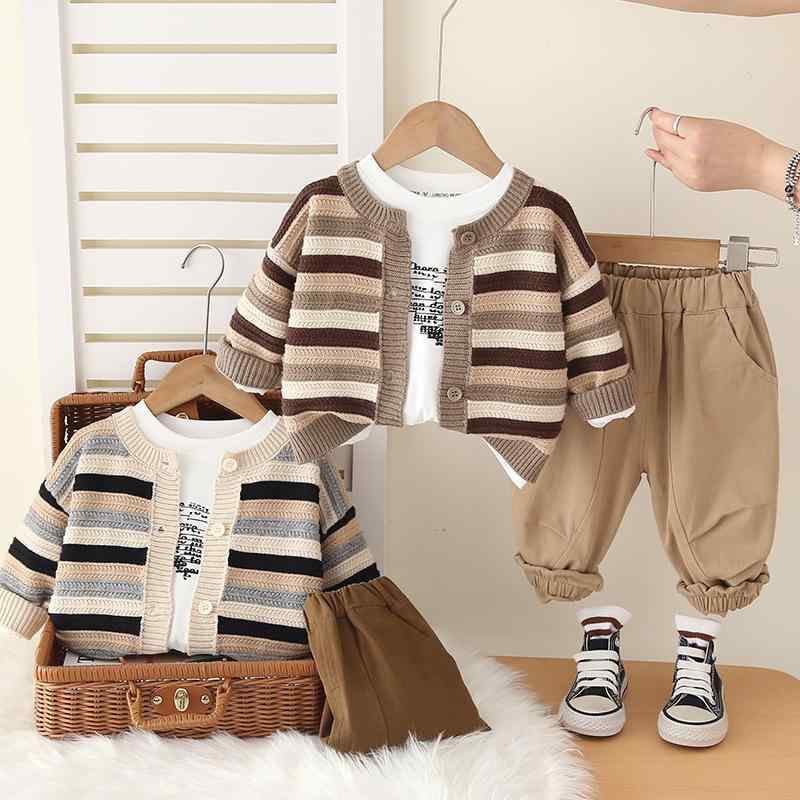 キッズ 男の子 韓国子供服 おしゃれ ニット カーディガン パンツ セットアップ 3点セット 春秋服 長袖 コットン ストライプ柄 フードなし 前開き 普段着 通園着 80 90 100 110 120cm