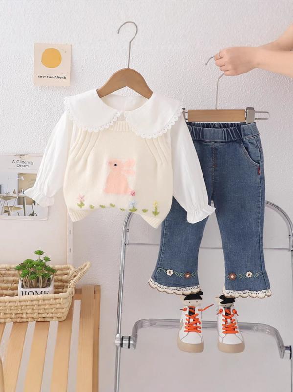 セットアップ ベビー 女の子 春秋 韓国ファッション かわいい ニット ベスト パンツ 3点セット 長袖 長ズボン 綿素材 肌に優しい 柔らかい キャラクター ロゴ 股下ボタン お着替え楽ちん 通園 お出かけ 部屋着
