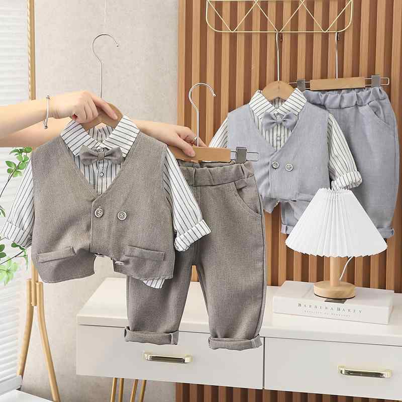 ベビー 男の子 1歳 2歳 3歳 春秋 セットアップ 3点セット ベスト シャツ 長袖 ロングパンツ 綿 ニット キャラクター柄 カジュアル おしゃれ