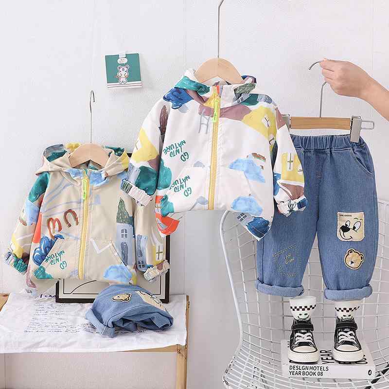 セットアップ 男の子 ベビー 子供服 フード付き 長袖 長パンツ 2点セット ジップアップ 股ボタン付き 春秋服 キャラクタープリント かっこいい おしゃれ コットン