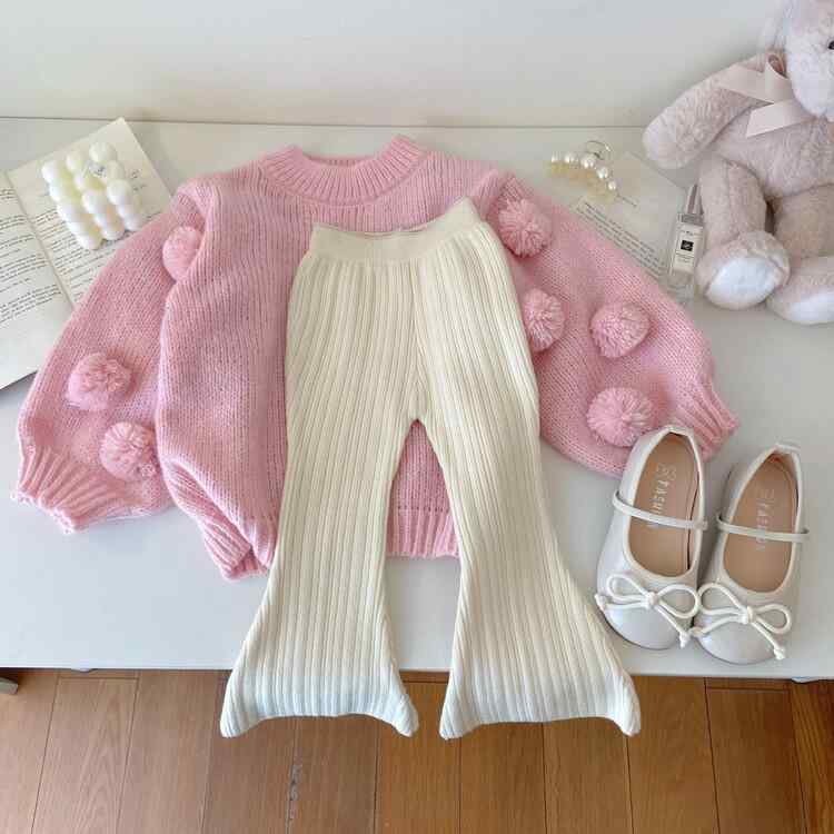 ニット キッズ 女の子 ベビー プルオーバー コットン 韓国風 秋冬 丸首 ランタンスリーブ ポンポン レッド やわらかい肌触り かわいい 長袖 普段着 通園 通学