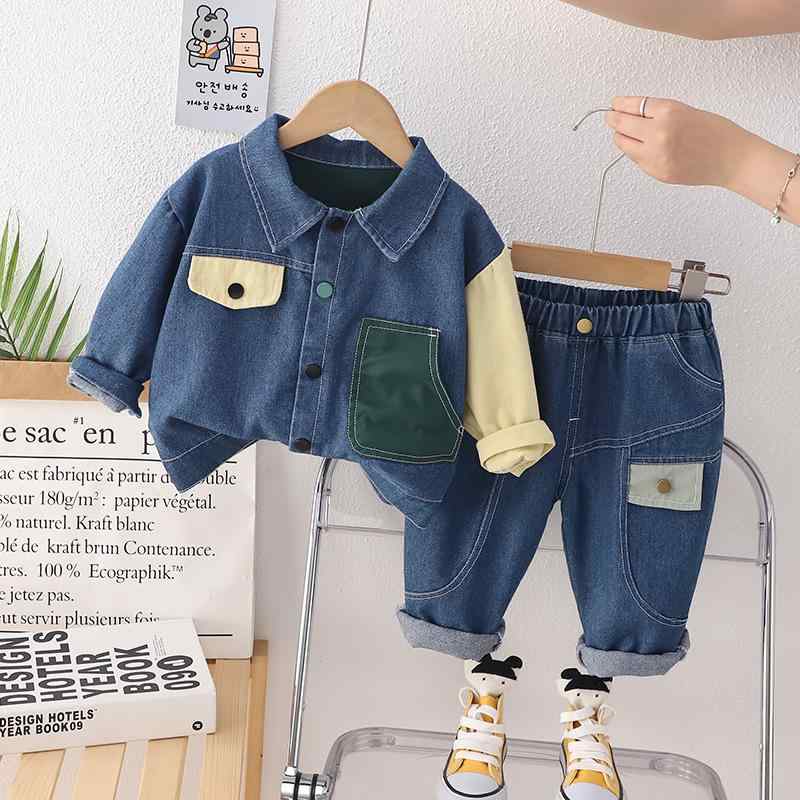 ソフトコットン デニム セットアップ 男の子 キッズ ボーイズ 春秋 切り替え デザイン 長袖 ロングパンツ 2点セット 韓国ファッション かっこいい おしゃれ カジュアル ストリート系 普段着 通園 通学 子供服 ベビー服 1歳 2歳 3歳