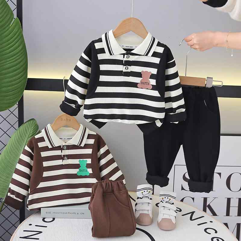 ベビー服 男の子 セットアップ 韓国ファッション ストリート系 綿 コットン 柔らかい 春秋 長袖 ロングパンツ ストライプ柄 クマ ロゴ 2点セット 通園 部屋着 普段着 1歳 2歳 3歳