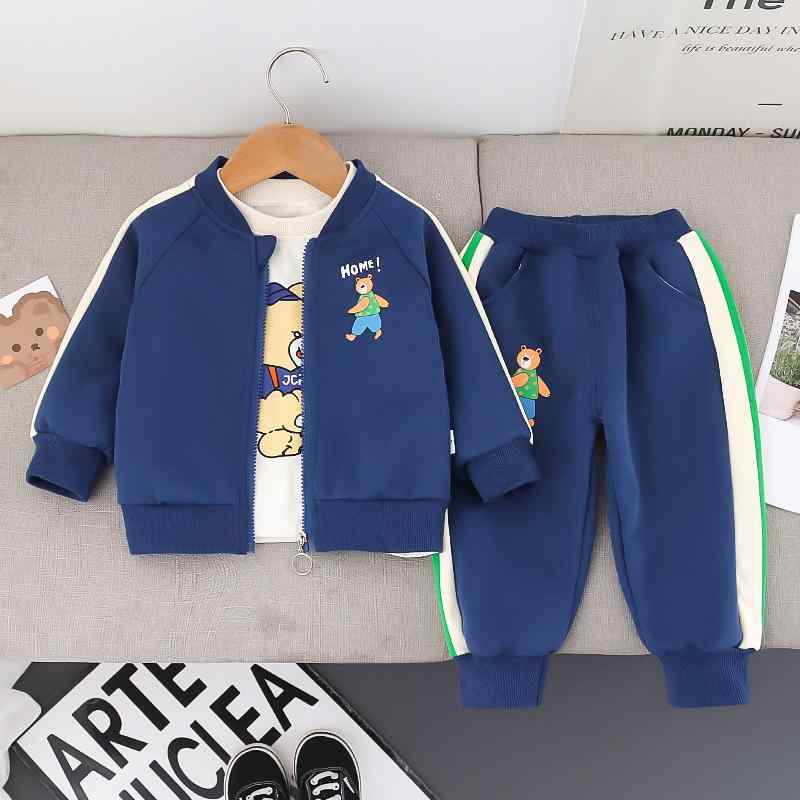 キッズ 男の子 長袖 セットアップ 長ズボン 春秋 3点セット アルファベット クマ キャラクター 綿 コットン ジップアップ ソフト ブリティッシュ カジュアル