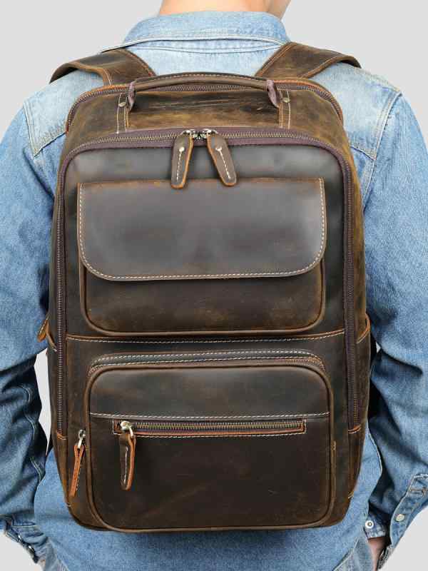 バックパック メンズ PC収納 16インチ対応 A4 大容量 本革 牛革 トップグレインレザー ヴィンテージ加工 レトロ ビジネス 通勤 通学 旅行 出張 カジュアル 男性用 耐摩耗性 コーヒー色|セキュアデポ