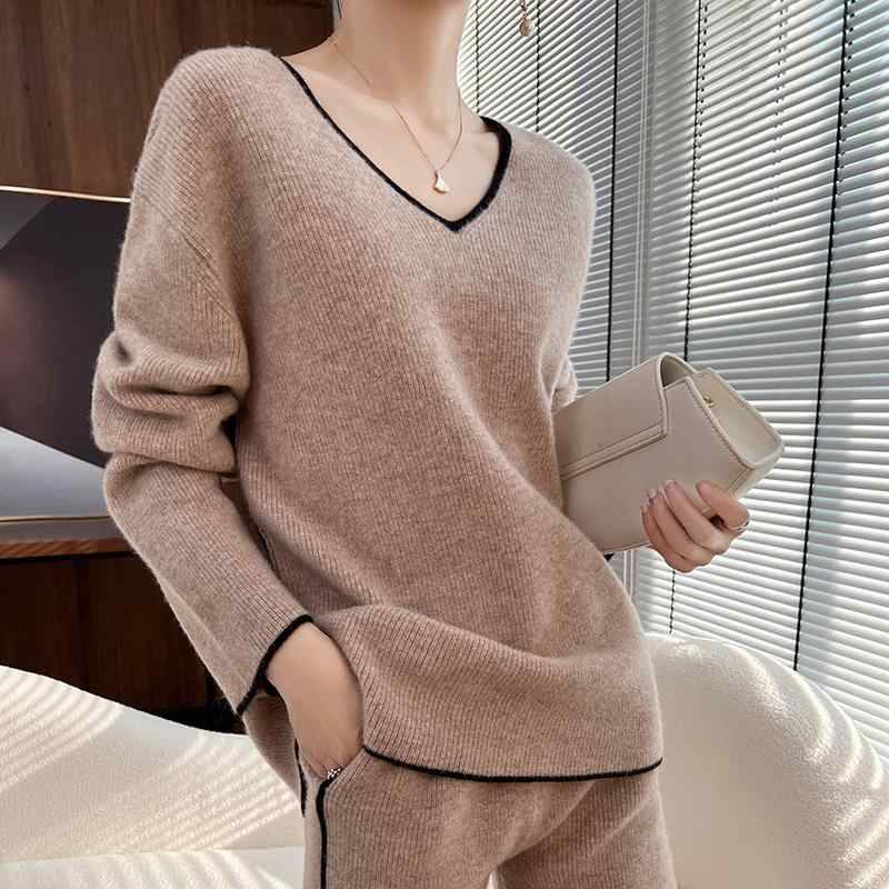 ニット セットアップ レディース 春夏 カシミヤ混 ウール Vネック プルオーバー セーター ゆったり リラックス 無地 ショートパンツ 2点セット 通勤 厚手|セキュアデポ