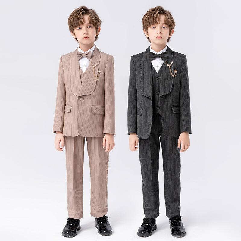 キッズ 男の子 フォーマル 柔らかい ポリエステル素材 3点セット スーツ ジャケット 英国風 ストライプ柄 発表会 結婚式 入学式 卒業式 演奏会 イベント 司会 おしゃれ かっこいい 秋冬