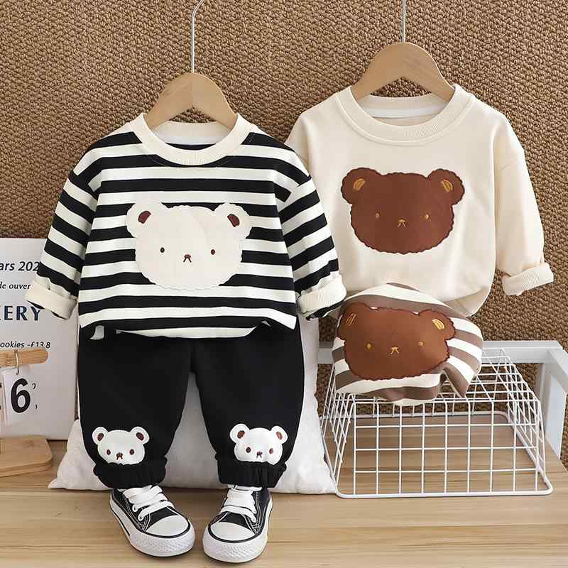 キッズ セットアップ 男の子 女の子 子供服 春秋 かわいい パンダ ボーダー袖 トレーナー ロングパンツ フードなし 部屋着 普段着 カジュアル 綿95% 幼児 小学生 ブラウン ブラック