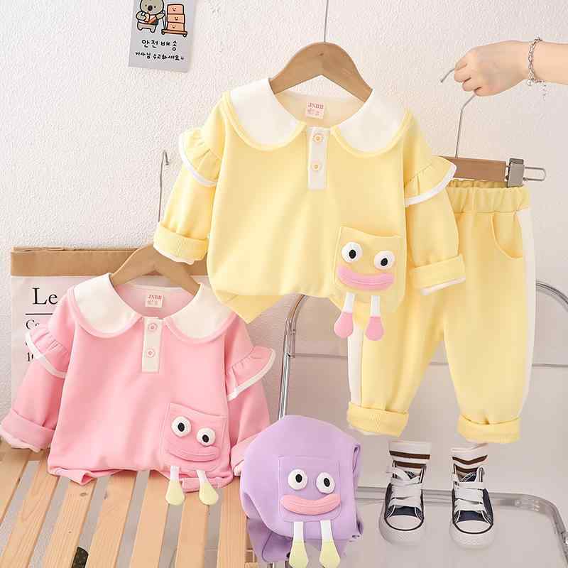 ベビー キッズ 女の子 柔らかい ソフトタッチ コットン 長袖 プルオーバー フリル トレーナー スウェット パンツ 2点セット セットアップ 韓国風 インフルエンサー おしゃれ かわいい カエル キャラクター 秋物 スポーツ 部屋着 通園