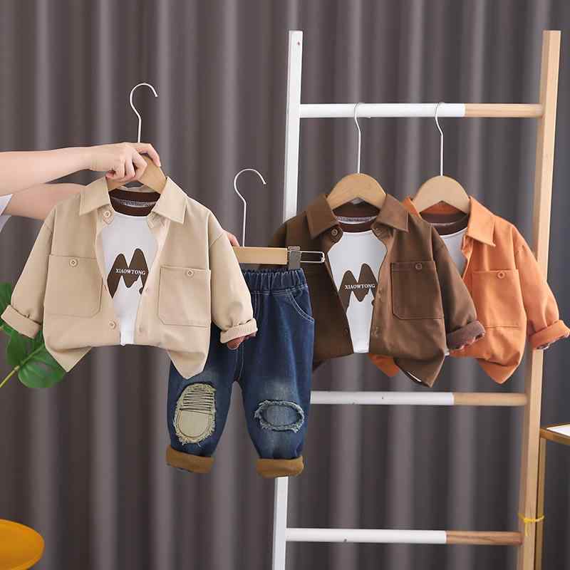セットアップ ベビー 男の子 キッズ コットン 柔らか 長袖 シャツ ジャケット スクエアポケット付き おしゃれ カジュアル ロングパンツ 春秋 3ピース