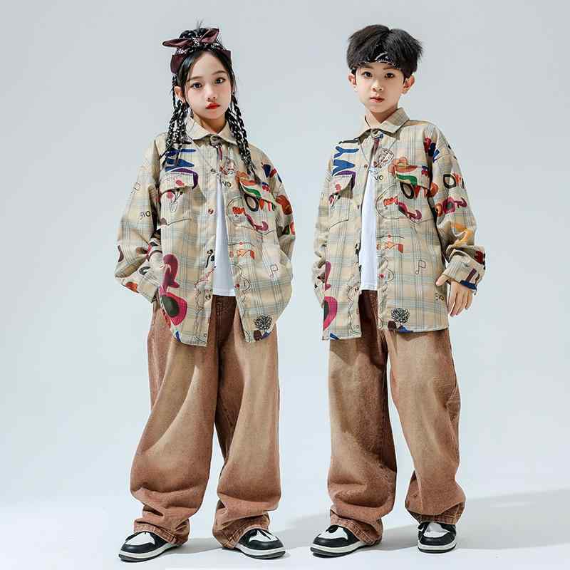 ヒップホップ ダンスウェア キッズ 男の子 女の子 シャツ ジャケット ストリート系 おしゃれ クール グラフィティ 切り替えデザイン 発表会 イベント 練習着 春秋