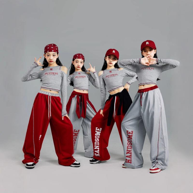 ダンスウェア キッズ 女の子 ジャズダンス ヒップホップ ストリートダンス 長袖 トップス パンツ セットアップ 発表会 衣装 練習着 レッスン おしゃれ カジュアル レッド ポリエステル 春秋