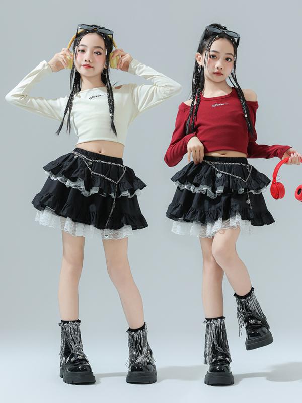 ダンス衣装 キッズ 女の子 ジャズ ストリート ヒップホップ へそ出し クロップド丈 オフショルダー長袖 ティアード フリル レーススカート セットアップ 発表会 ステージ 練習着 パフォーマンス ガールズグループ ファッションショー 4,001円