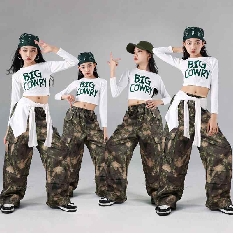 キッズダンス衣装 女の子 ジャズ ストリート ヒップホップ 発表会 練習着 柔らか素材 トップス 迷彩柄パンツ 上下セットアップ 春秋