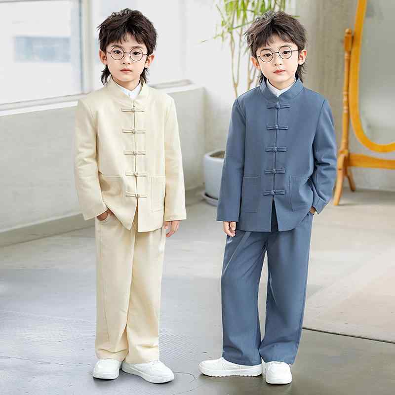 キッズ 男の子 チャイナ服 新チャイナ風 国風 レトロ 唐装 中山服 発表会 ステージ衣装 司会 朗読会 イベント 三点セット 柔らか素材 春秋 シャンパン カーキ