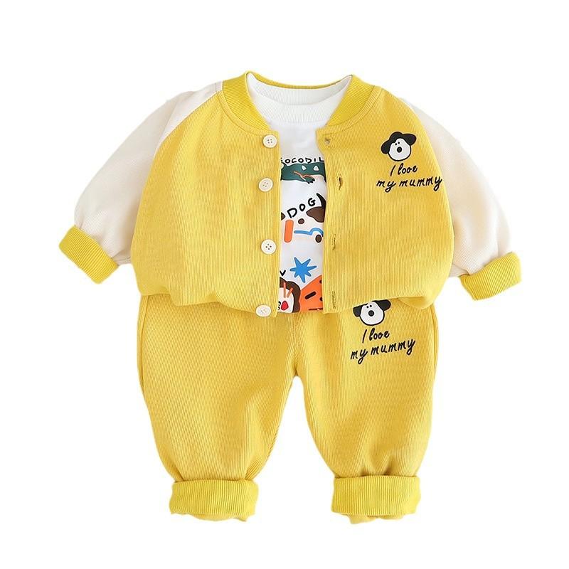 キッズ 男の子 3点セット セットアップ 春秋 長袖 トップス ロングパンツ 綿 コットン カジュアル 普段着 ルームウェア 肌触り良い 子犬 キャラクター かわいい 幼児 小学生 グレー イエロー ブルー