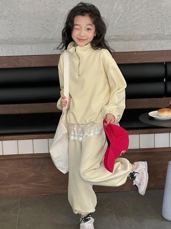 セットアップ ガールズ ジュニア スウェット トレーナー ロングパンツ 2点セット 春秋 おしゃれ カジュアル フードなし 無地 綿 コットン パイル生地 ソフトな肌触り イエロー 黄色 120-170cm対応
