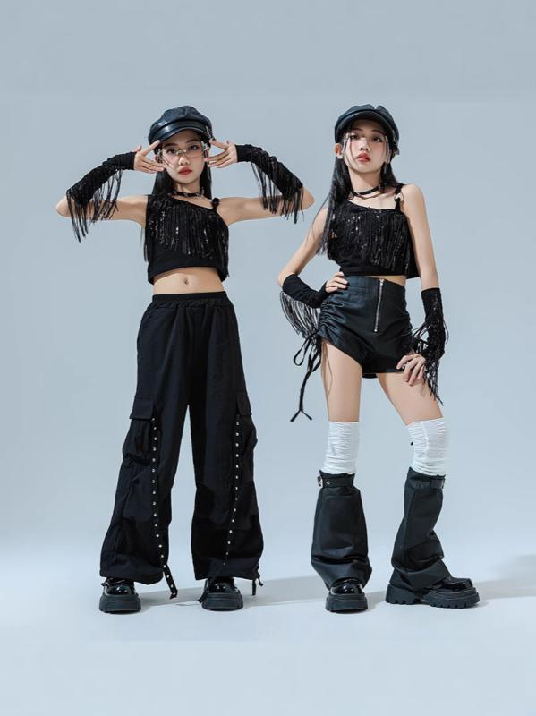 ダンスウェア キッズ ガールズ ブラック フリンジ へそ出し クロップド丈 キャミソール セットアップ 上下セット ジャズダンス ストリートダンス ヒップホップ 衣装 レッスン着 クール スタイリッシュ