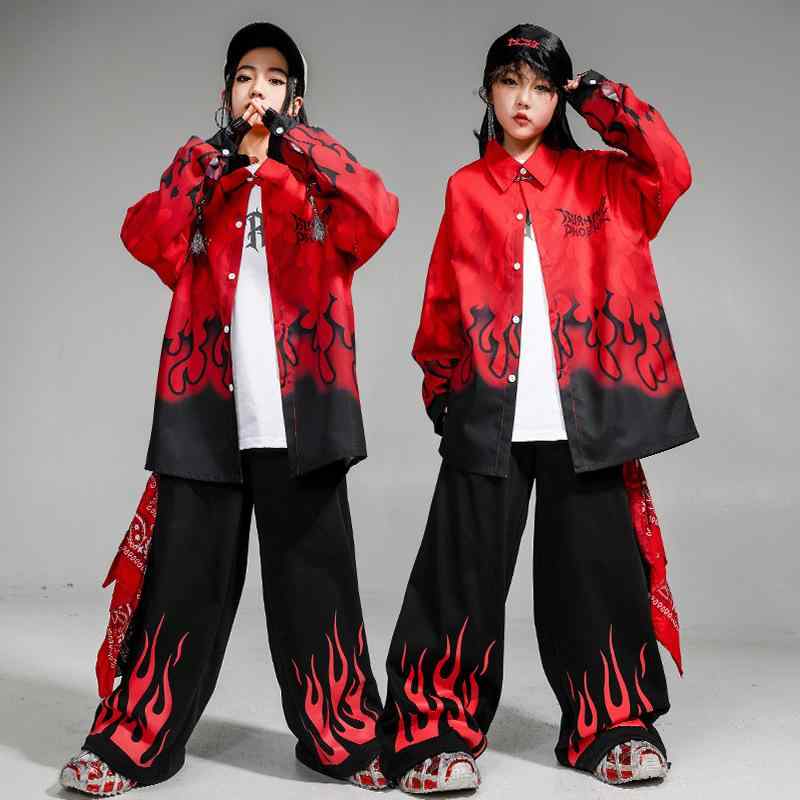 ダンスウェア キッズ 男の子 ヒップホップ ストリートダンス 衣装 黒赤 炎柄 シャツ セットアップ 発表会 ステージ イベント 練習着 伸縮性抜群 カジュアル 春秋冬 ジュニア