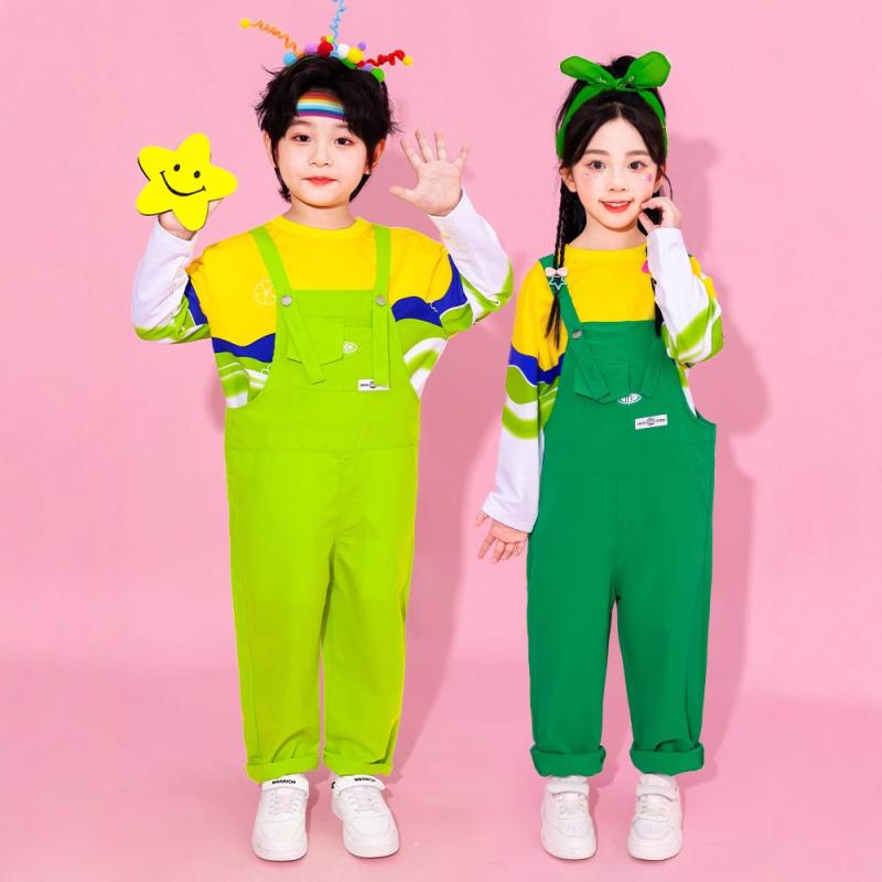 キッズ ダンス衣装 子供服 チアリーディング 運動会 発表会 舞台衣装 カラフル オーバーオール サロペット セットアップ 幼稚園 小学生 合唱服 春秋 カジュアル