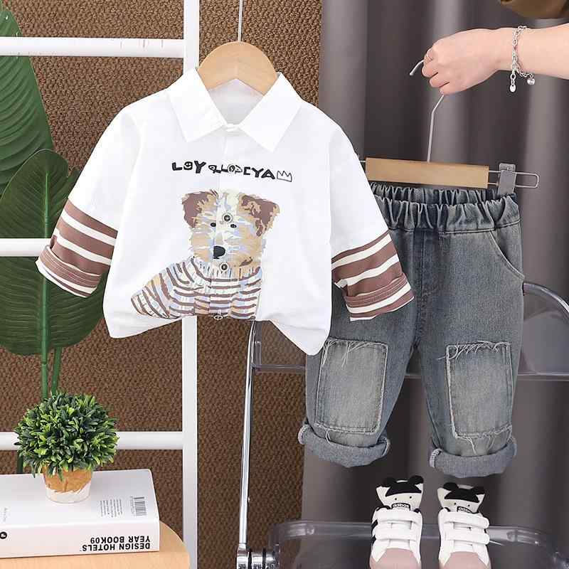 セットアップ キッズ 男の子 カジュアル かわいい おしゃれ キャラクター アニマル柄 ストライプ 長袖シャツ デニムパンツ ジーンズ 長ズボン 2点セット コットン 柔らかい 春秋冬 子供服 ベビー服