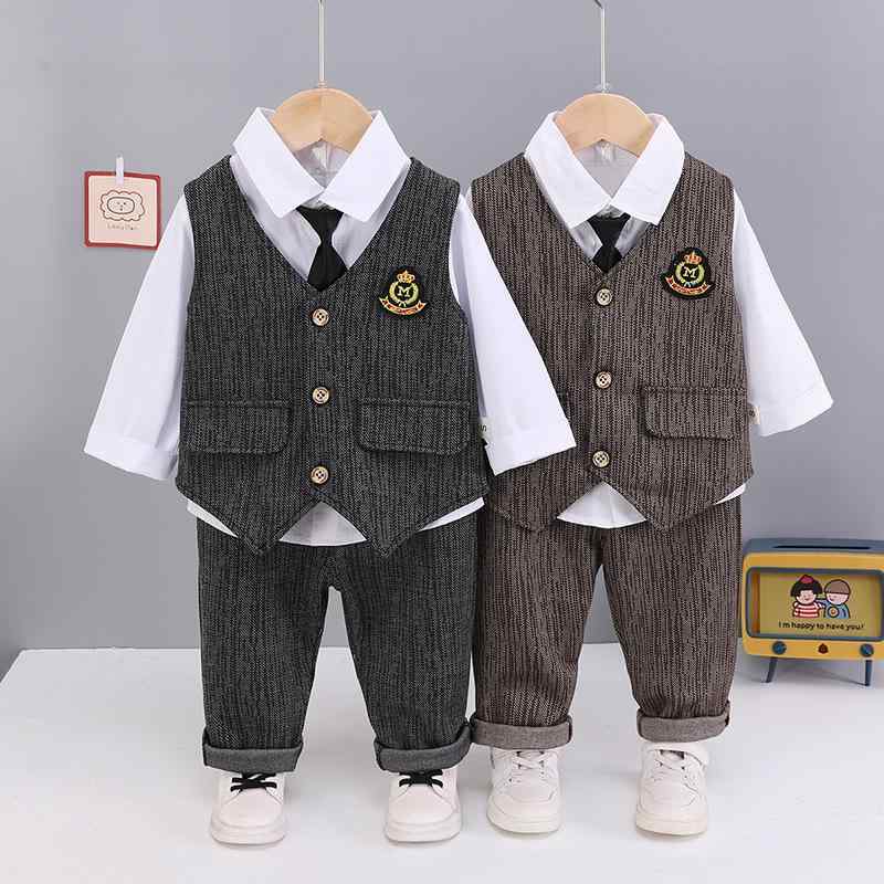 セットアップ ベビー 男の子 春秋 肌触り良い 縦ストライプ エンブレム ベスト ジレ ジャケット ネクタイ スリーピース 3点セット フォーマル 礼服 韓国風 綿素材