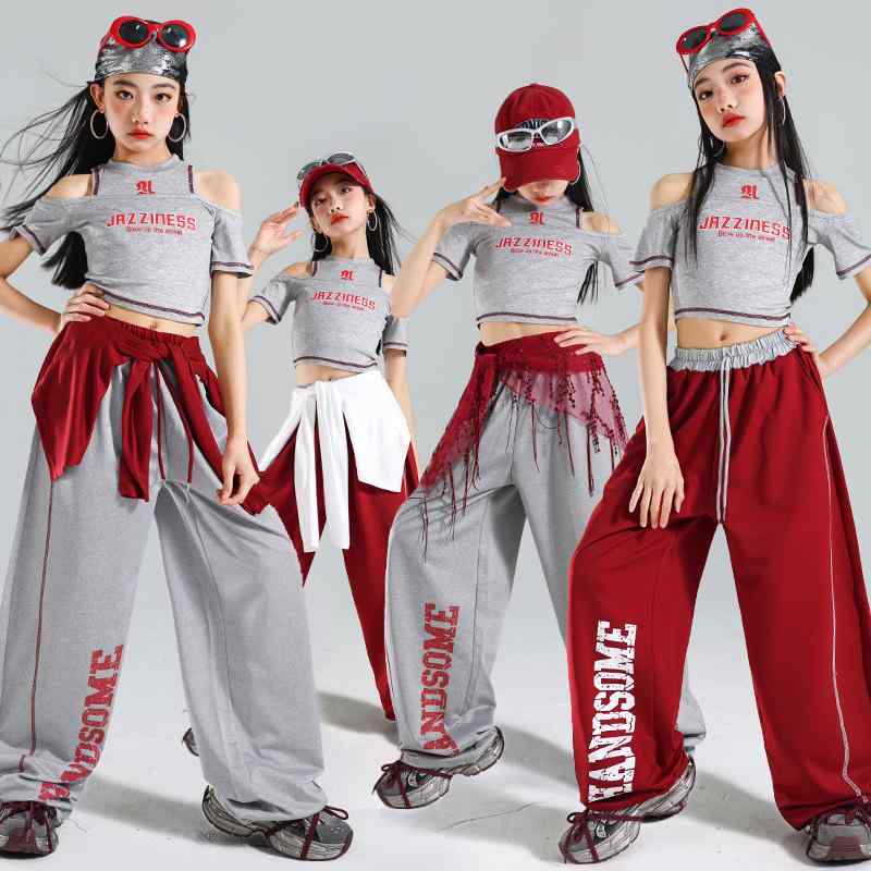 ダンスウェア キッズ 女の子 ガールズ ジャズダンス ストリートダンス ヒップホップ 発表会 練習着 レッスンウェア 舞台衣装 セットアップ 上下セット トップス パンツ 柔軟加工