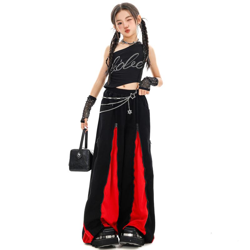 ダンス衣装 女の子 キッズ 子供用 ジャズ ストリート ヒップホップ K-POP ガールズグループ風 発表会 練習着 ステージ セットアップ スパンコール ベスト ロングパンツ ブラック 黒 切り替え ストレッチ 伸縮性 かっこいい おしゃれ