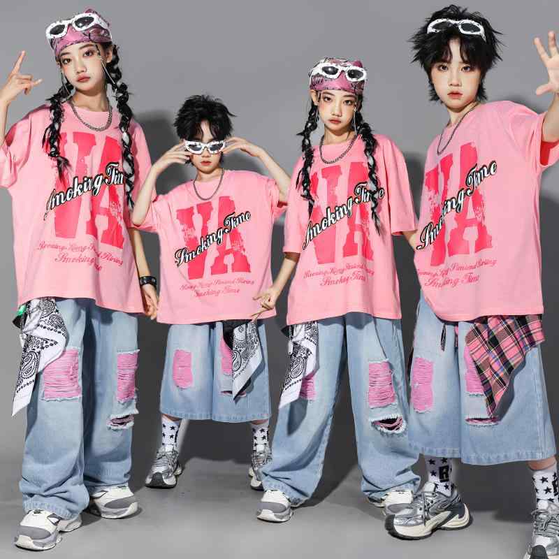 セットアップ キッズ 男の子 女の子 ヒップホップ ストリートダンス ダンス衣装 発表会 イベント 練習着 ピンク デニム ストリートファッション 春秋 ポリエステル
