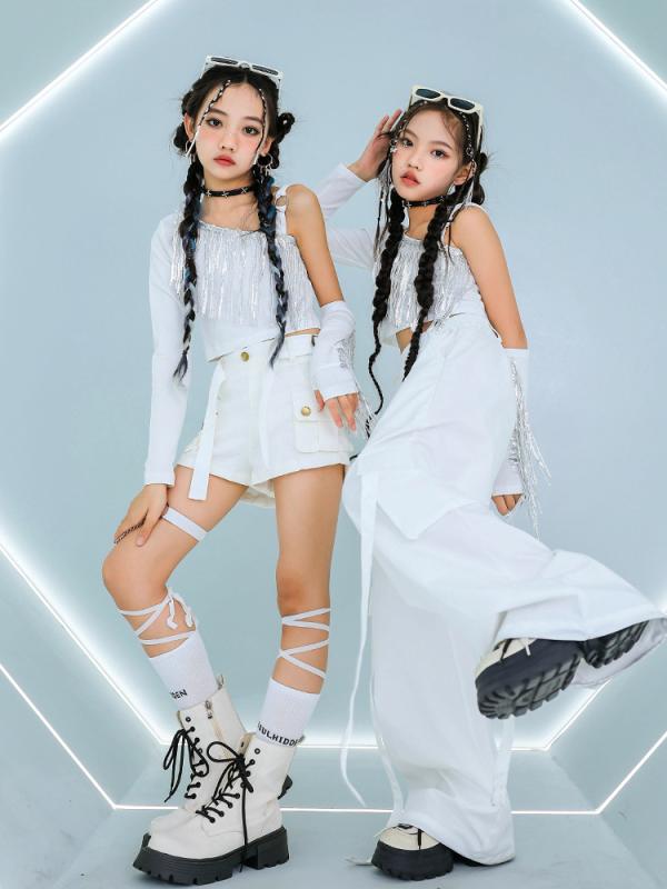 ダンスウェア キッズ 女の子 ガールズ ジャズダンス ストリートダンス ヒップホップ 長袖 クロップド丈 へそ出し 白 おしゃれ トレンド セットアップ 発表会 ステージ衣装 イベント 練習着 上下セット