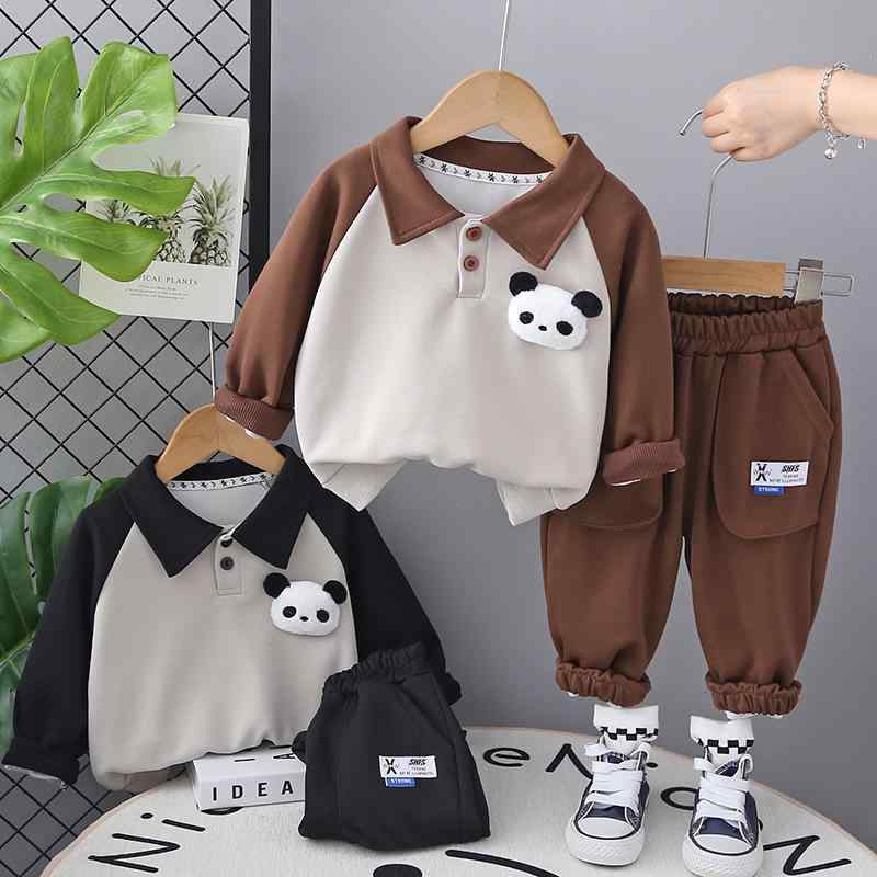 セットアップ 男の子 キッズ ベビー 子供服 柔らかい 綿 コットン ポロシャツ 長袖 長ズボン 上下セット プルオーバー 切り替え 動物柄 パンダ柄 かわいい カジュアル 春秋 ブラウン ネイビー