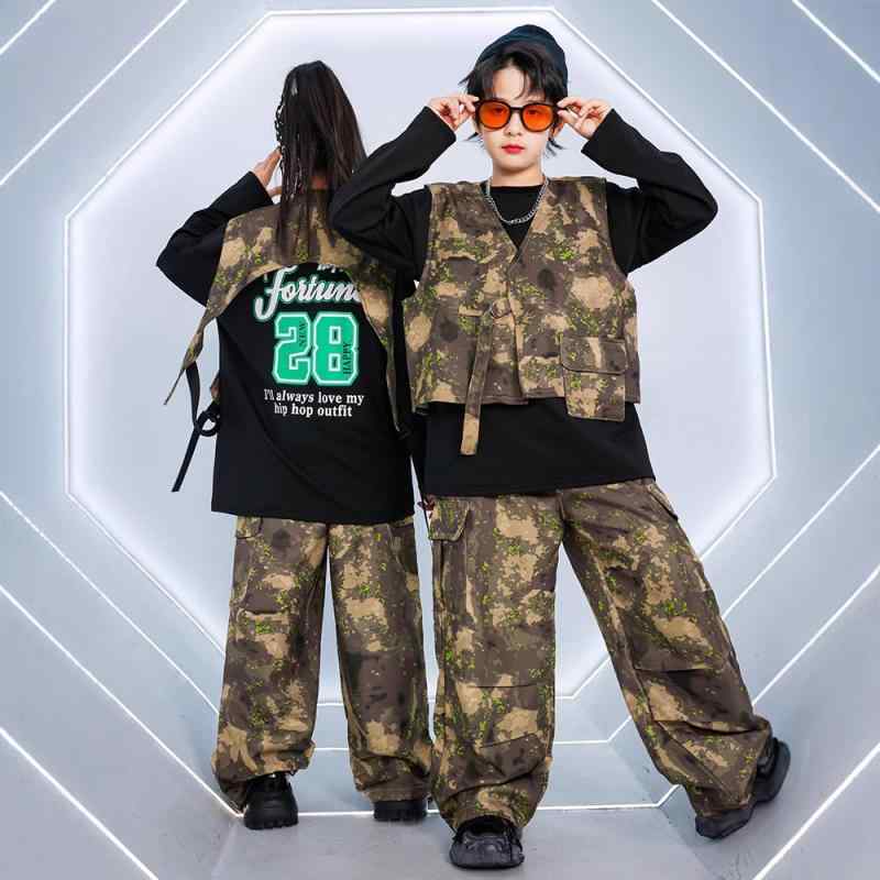 キッズ ダンス衣装 男の子 女の子 ヒップホップ ストリートダンス ジャズ 迷彩 ベスト スウェット 長パンツ セットアップ 発表会 練習着 イベント トレンド ストリート系 かっこいい 春秋