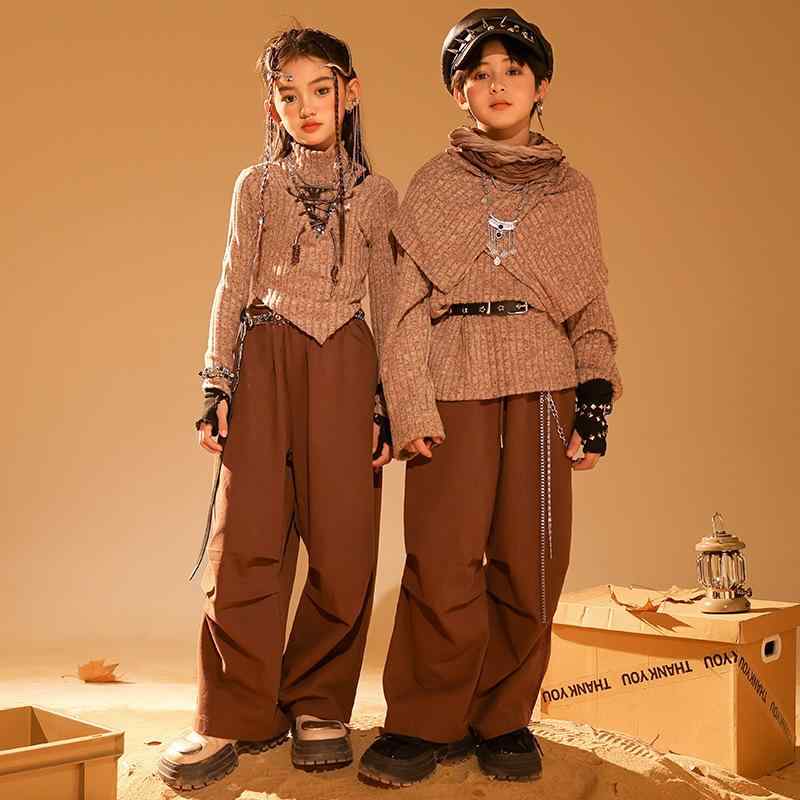 ダンス衣装 キッズ ジュニア 男女兼用 ストリート ヒップホップ ウェイストランド風 ルーズフィット 上下セット 発表会 ステージウェア ポリエステル 秋冬
