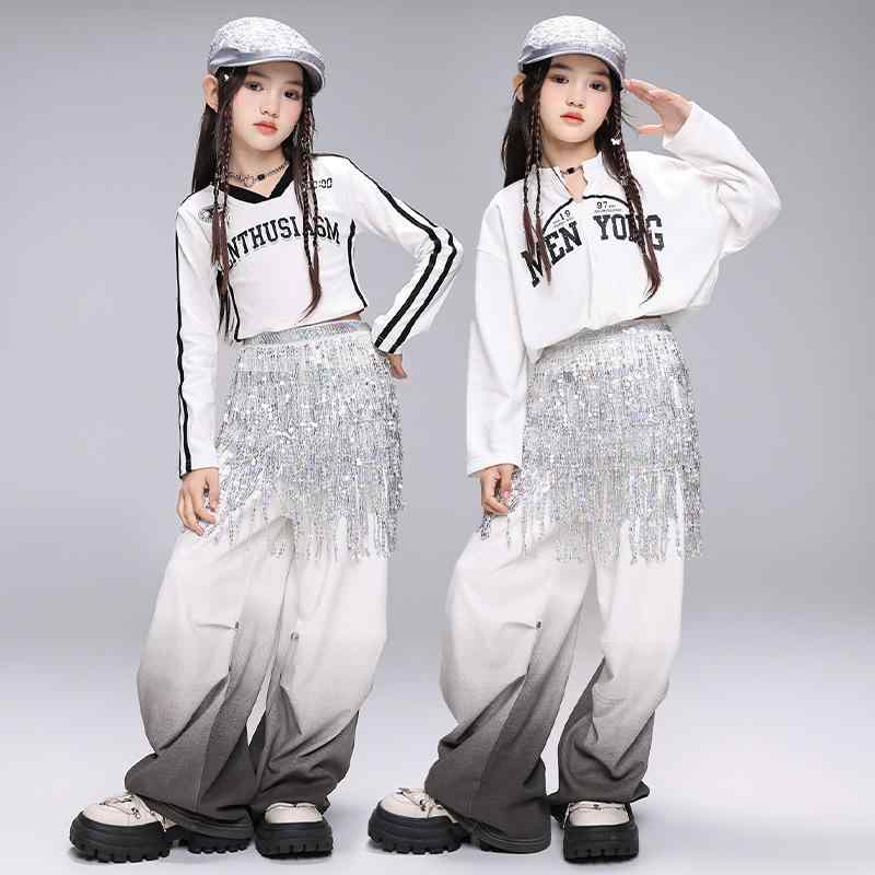 キッズ 女の子 ダンス衣装 長袖 ロングパンツ 韓国風 おしゃれ ジャズ ストリート ヒップホップ 上下セット 発表会 舞台 イベント 練習着 ステージ衣装 綿素材