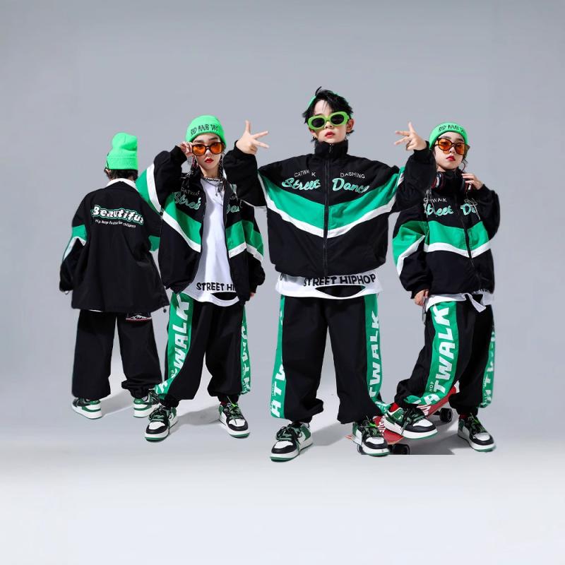 キッズ 男の子 ダンス衣装 ヒップホップ ストリート ジャズ 発表会 ステージ 練習着 レッスン着 セットアップ アウター パンツ ジュニアサイズ ポリエステル 綿 春秋 おしゃれ クールスタイル グリーンライン ブラックカラー 舞台服