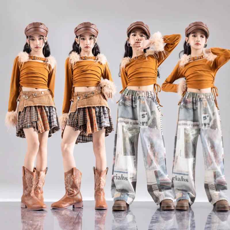 ダンスウェア ガールズ キッズ ジャズダンス ヒップホップ セットアップ 上下セット 韓国子供服 おしゃれ クール スタイリッシュ 発表会 演出服 レッスン着 練習着 春秋 秋冬 カフェカラー ファー袖