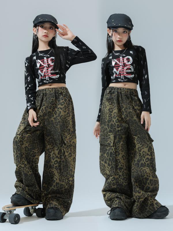 キッズ ジュニア 女の子 ダンス衣装 発表会 ストリート ヒップホップ ジャズ ドラム おしゃれ トレンド 個性的 ヒョウ柄 カーゴパンツ 綿素材 春秋 セットアップ