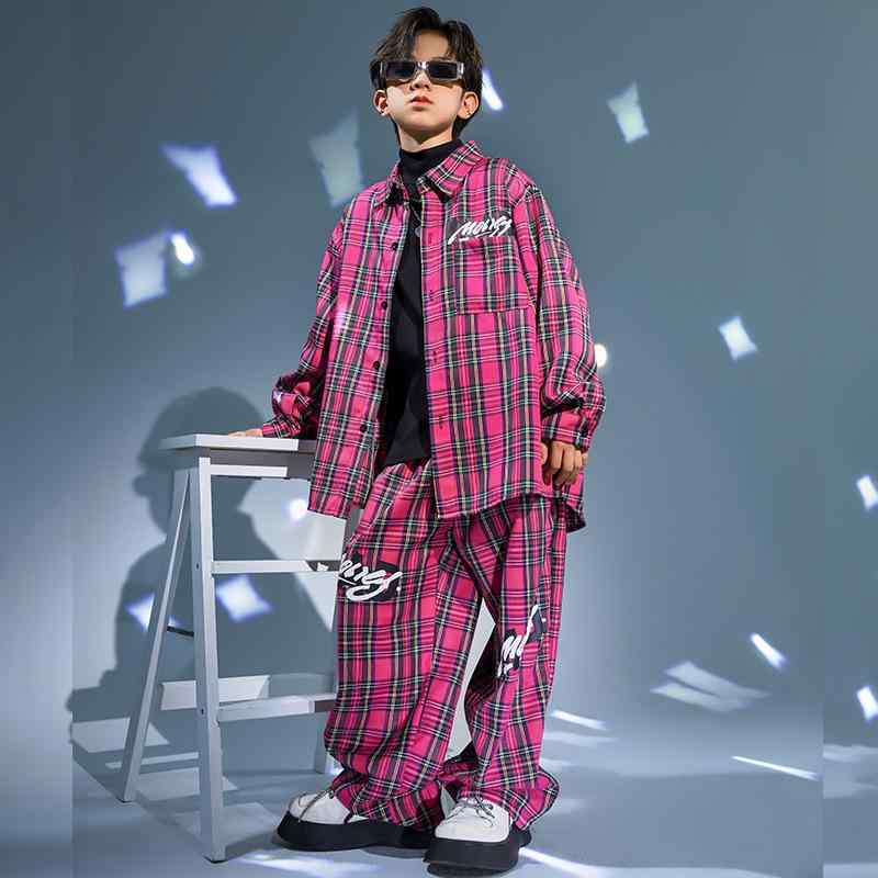 ダンス衣装 キッズ 男の子 女の子 ストリート系 ヒップホップ ジャズダンス 発表会 練習着 ゆったり ルーズ 上下セット 春秋 コットン チェック柄 セットアップ
