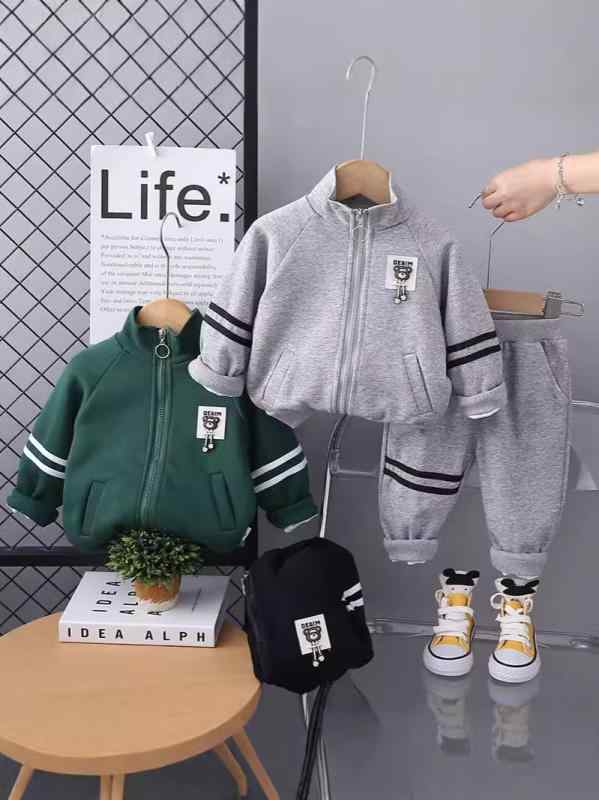 キッズ ベビー服 セットアップ 男の子 ソフトタッチ コットン フード付き ジップアップ 春秋 長袖 長ズボン アウター 2点セット おしゃれ カジュアル ストライプ柄 クマデザイン