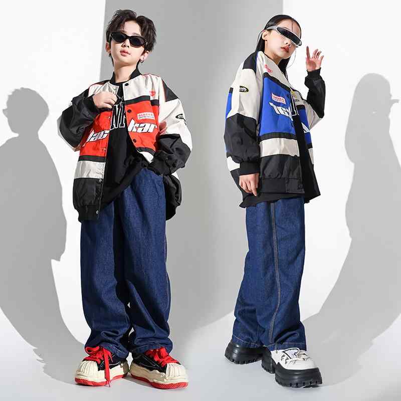 ダンス衣装 キッズ 男の子 女の子 ヒップホップ ストリートダンス 春秋 綿 バイカージャケット ロングパンツ デニム セットアップ 発表会 ステージ イベント ドラム衣装 おしゃれ かっこいい ジュニア 小学生 中学生