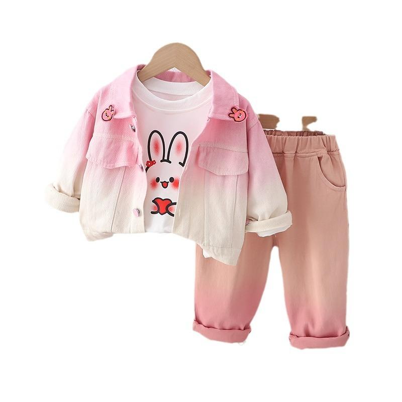 セットアップ 女の子 キッズ グラデーション デニムジャケット 長袖 3点セット おしゃれ かわいい キャラクター コットン 柔らかい肌触り 春秋 3歳 8歳 ピンク パープル 子供服 通園 お出かけ着
