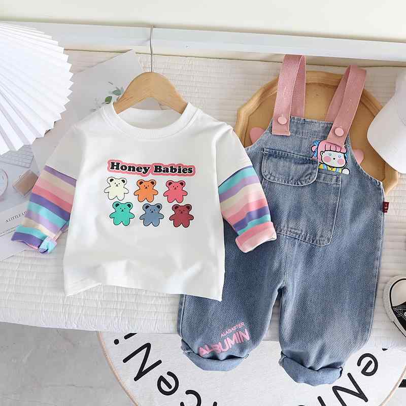ベビー服 女の子 セットアップ 春秋 かわいい キャラクタープリント デニム サロペット 長袖 ロングパンツ コットン 柔らかい肌触り オーバーオール 上下2点セット 普段着 お出かけ着 部屋着
