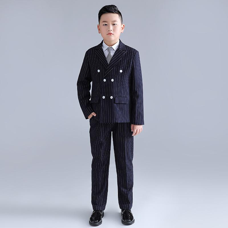 スーツ 男の子 キッズ ぽっちゃり体型 ゆったり 大きいサイズ 春秋冬 長袖 ダブルボタン ストライプ ジャケット ロングパンツ 結婚式 発表会 演奏会 司会 礼服 フォーマル フラワーボーイ 紳士風 セットアップ 中大童