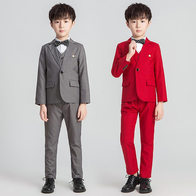 キッズ 男の子 ベビー スーツ セットアップ フォーマル 結婚式 発表会 一つボタン 無地 柔らかい ポリエステル混 4点セット 5点セット グレー レッド 春秋物