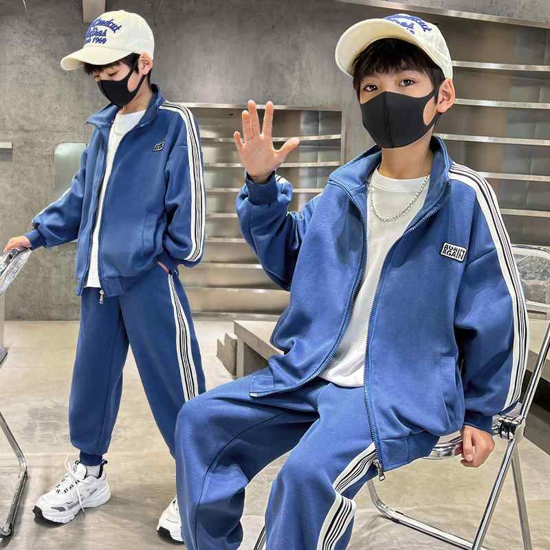キッズ セットアップ 男の子 スポーツウェア 2点セット 春秋 長袖 長パンツ フードなし ソフトタッチ素材 綿素材 カートゥーン柄 ジップアップトレーナー 上下セット おしゃれ カジュアル ルームウェア 小学生 中学生 ジュニア ブルー グレー 8歳以