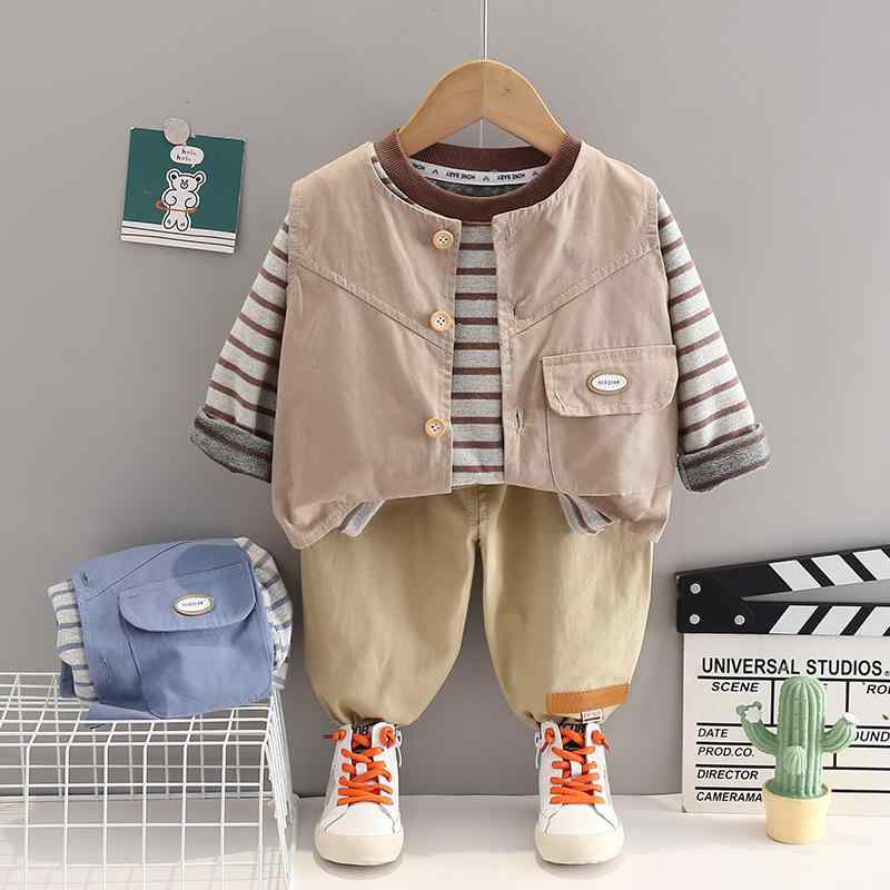 キッズ 男の子 セットアップ 春秋 カジュアル おしゃれ 柔らか素材 コットン ストライプ 長袖 Tシャツ 長パンツ 3点セット 幼児 ベビー 80cm 90cm 100cm
