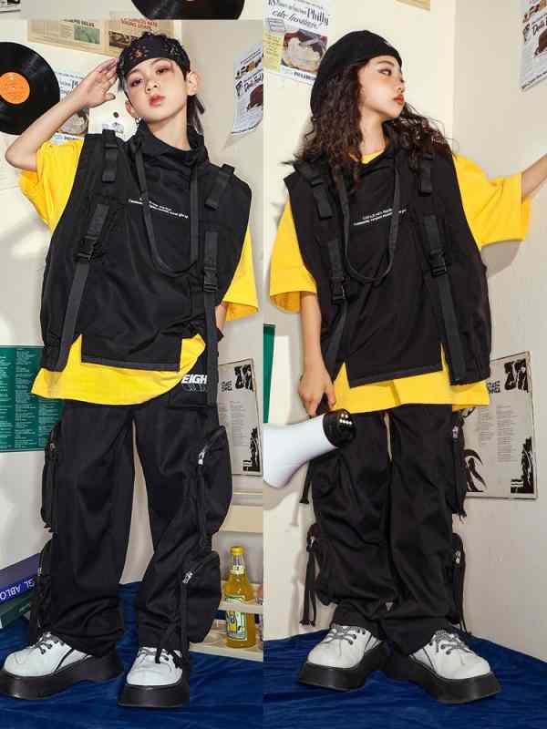 キッズ ダンス衣装 男の子 女の子 ジュニア ストリート ヒップホップ ベスト Tシャツ セットアップ 綿100% 柔軟加工 かっこいい おしゃれ 発表会 ステージ レッスン着 オールシーズン